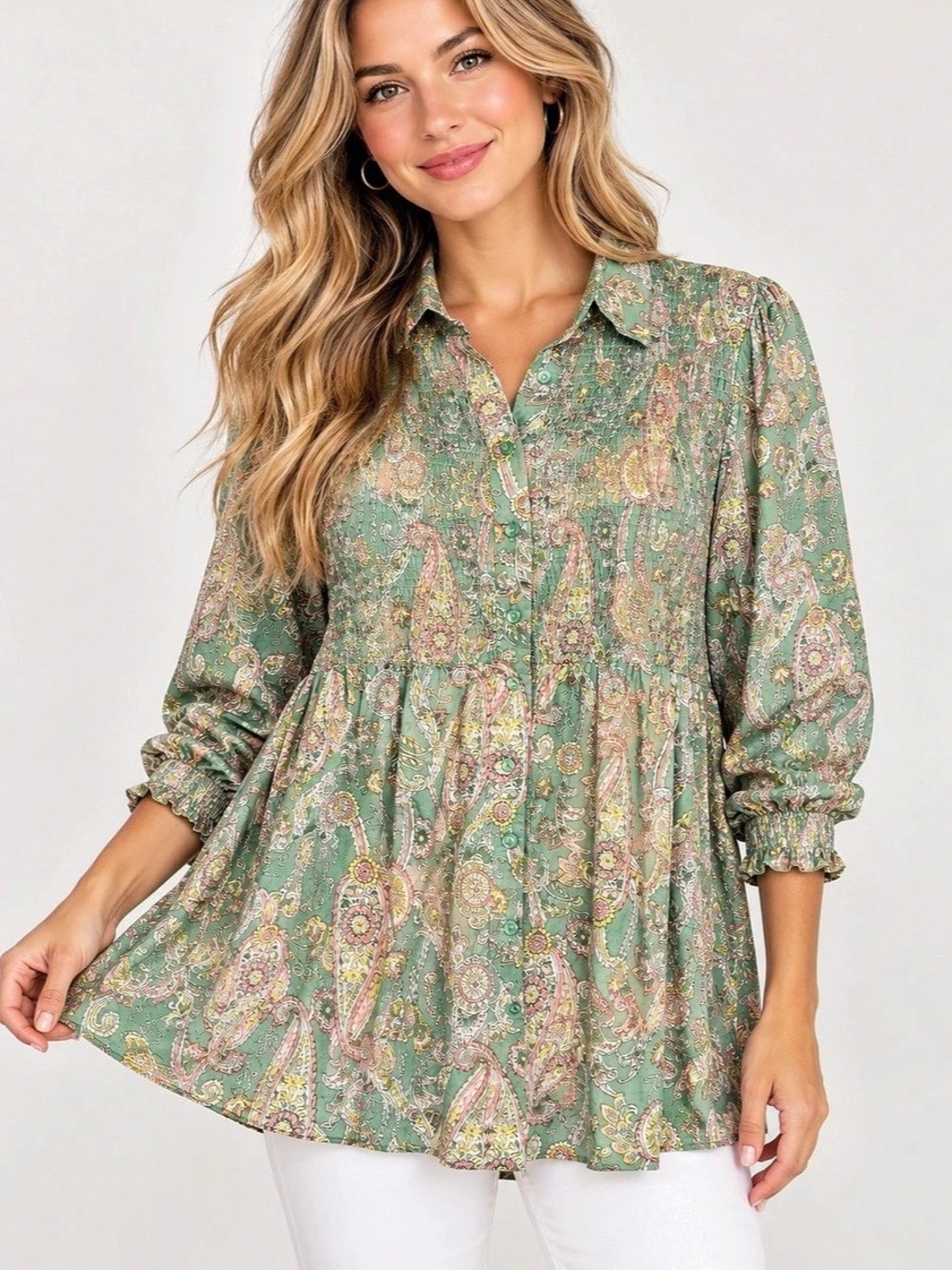 Cato XL Paisley Smocked Tunic Blouse Green Floral Boho Button Front